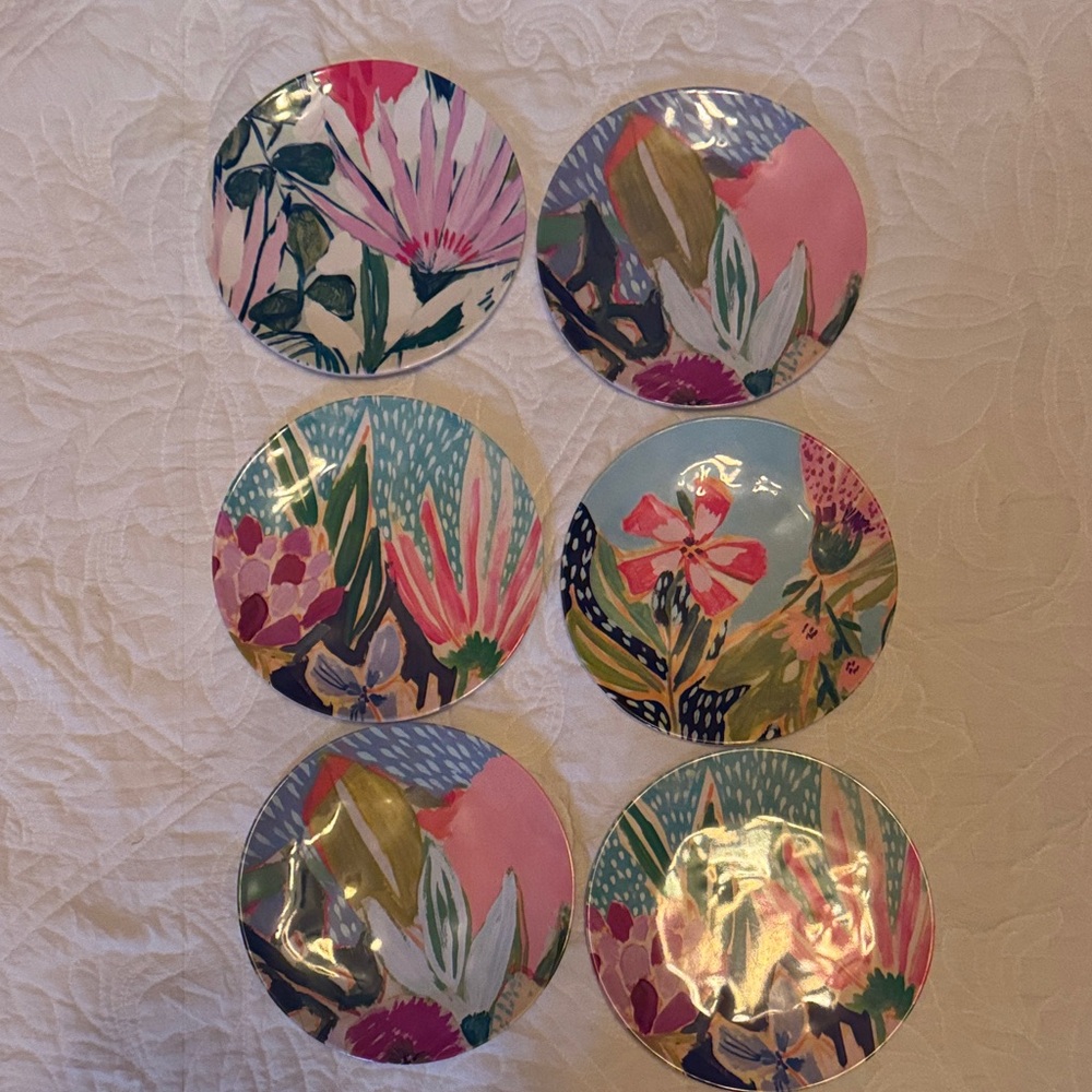 Lulie Wallace for Anthropologie floral melamine plates. Salad, dessert. Six
